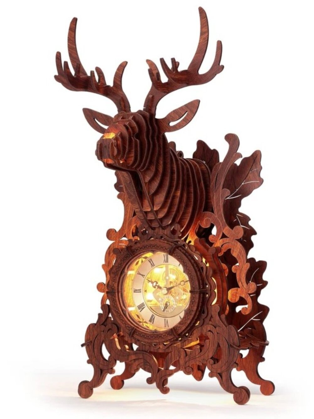 Funpola Led 3D Wood Puzzle Deer Elk Clock Building Model NEW Home Decor Clock